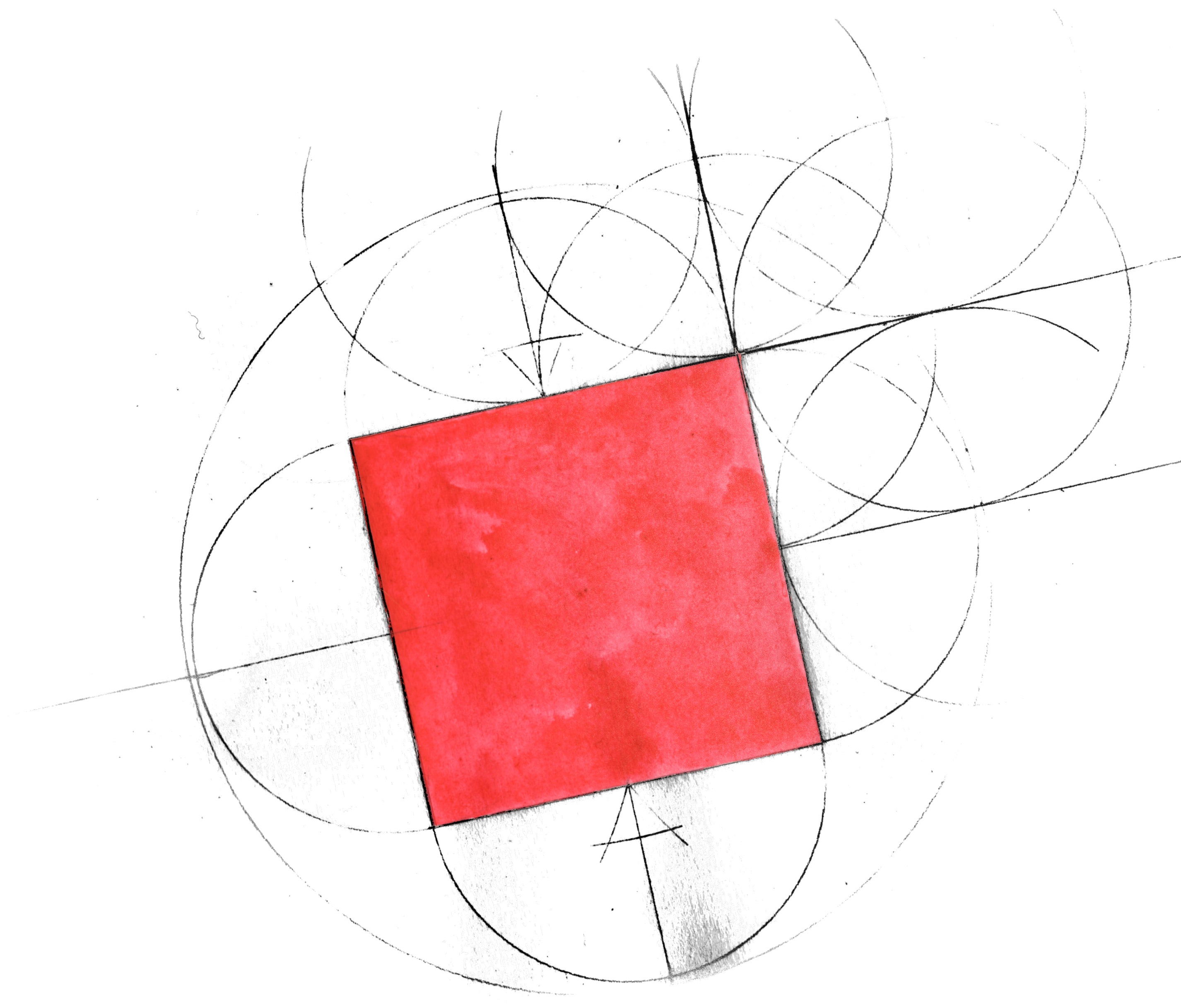 A partially rotated square on top of its circular construction lines